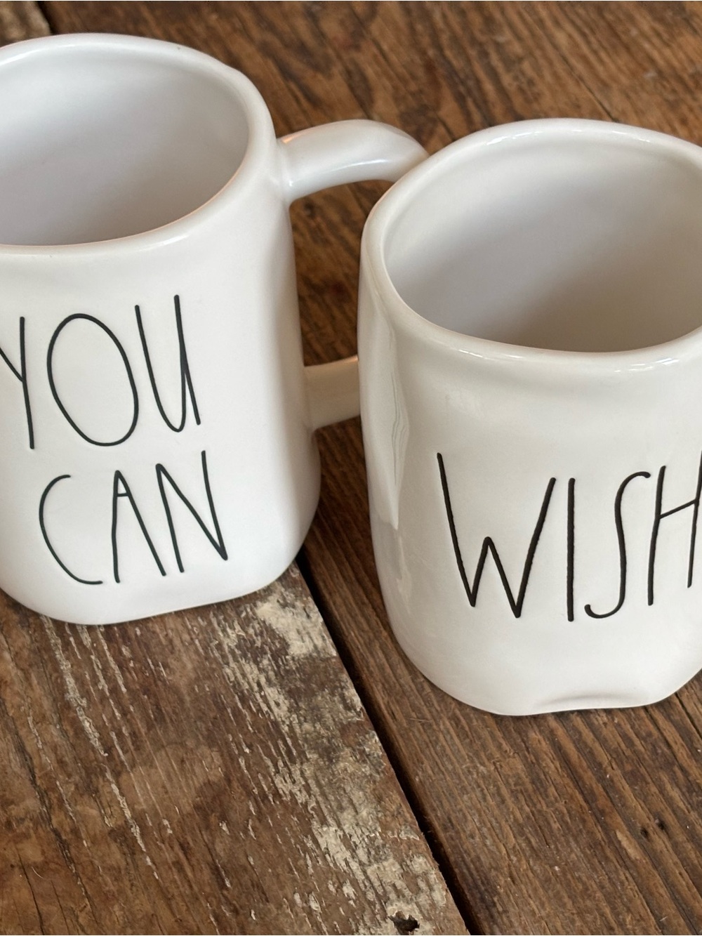 Rae Dunn White Mugs with Black Handwritten Script - 'YOU CAN' & 'WISH'